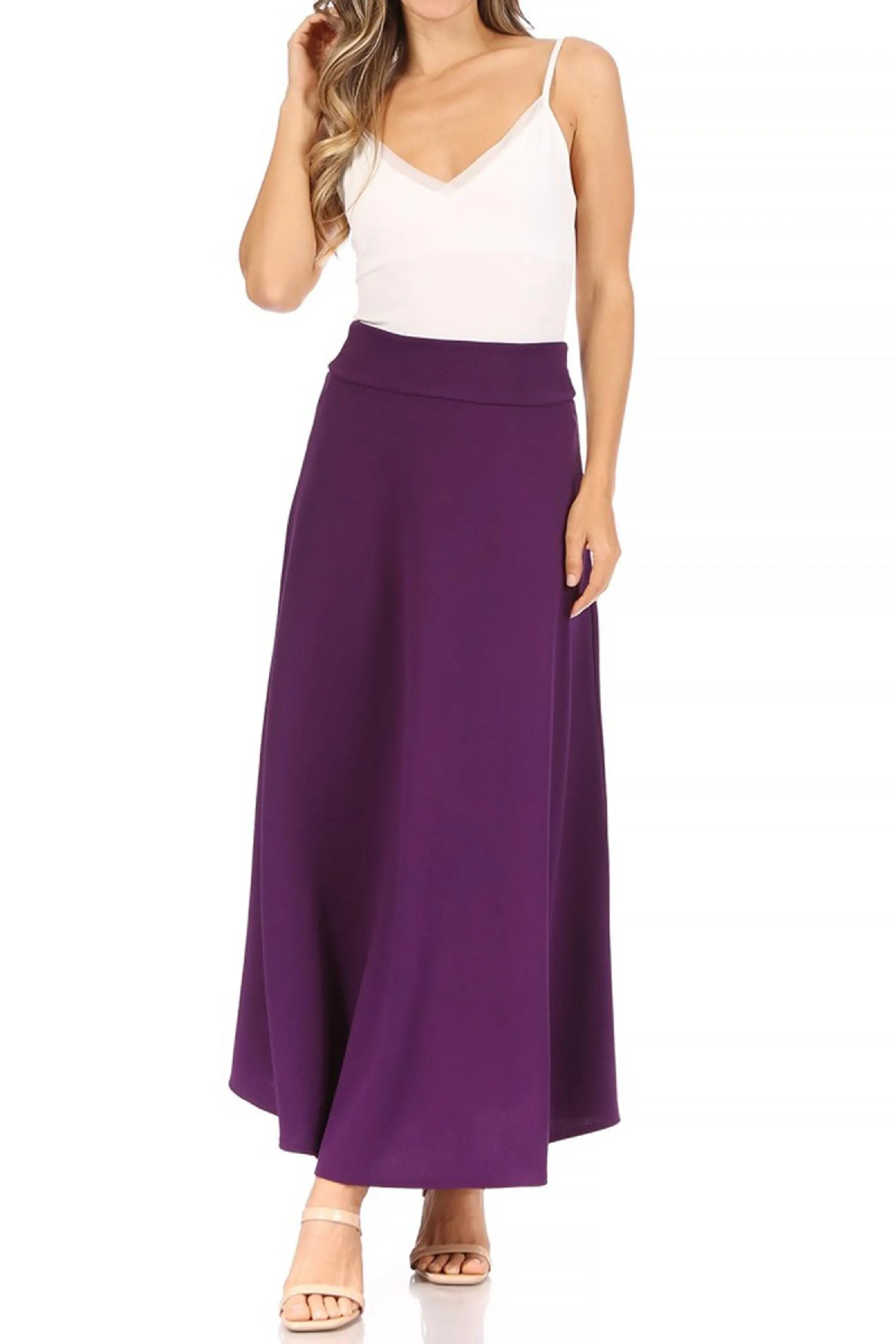 Women's Casual Solid High Waisted Flare A-line Midi Skirt with Elastic Waistband