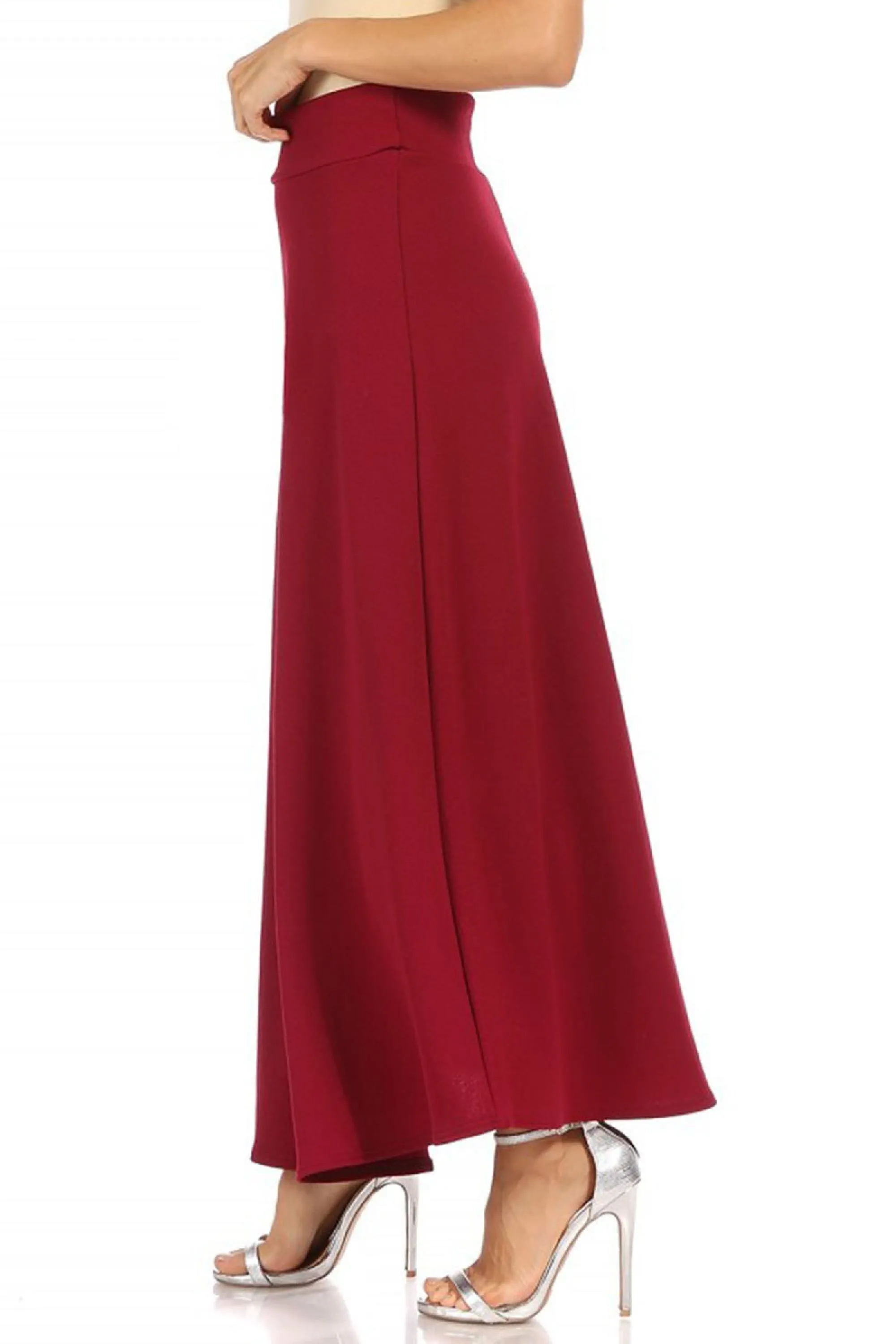 Women's Casual Solid High Waisted Flare A-line Midi Skirt with Elastic Waistband