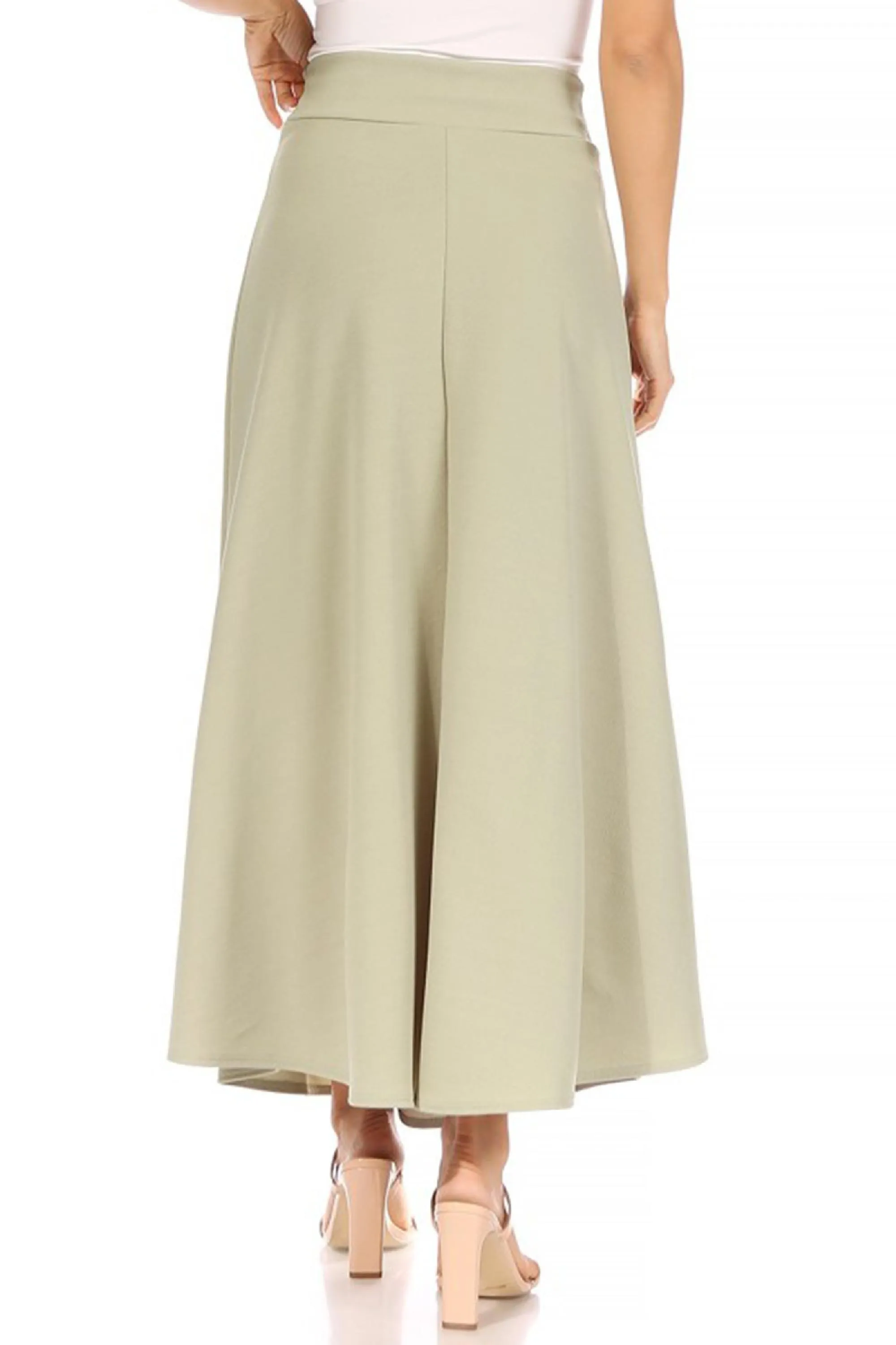 Women's Casual Solid High Waisted Flare A-line Midi Skirt with Elastic Waistband