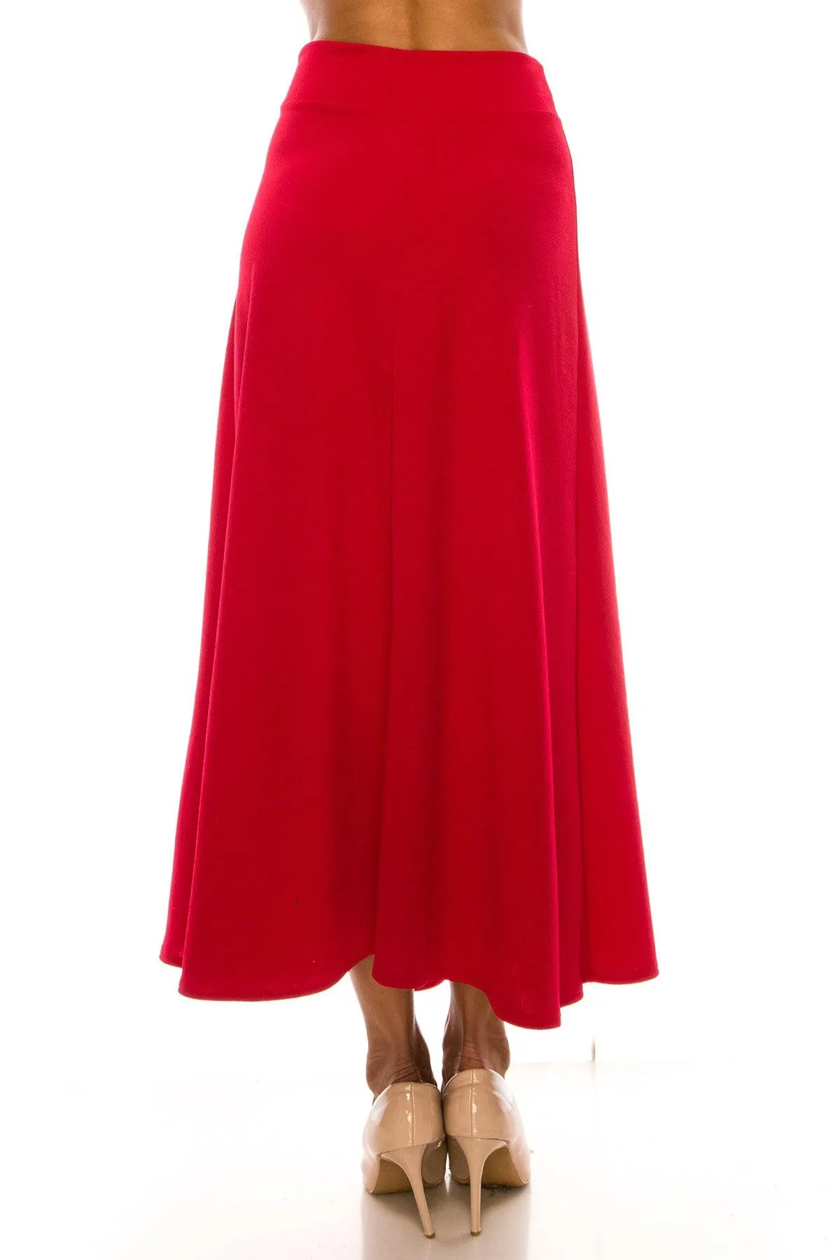 Women's Casual Solid High Waisted Flare A-line Midi Skirt with Elastic Waistband