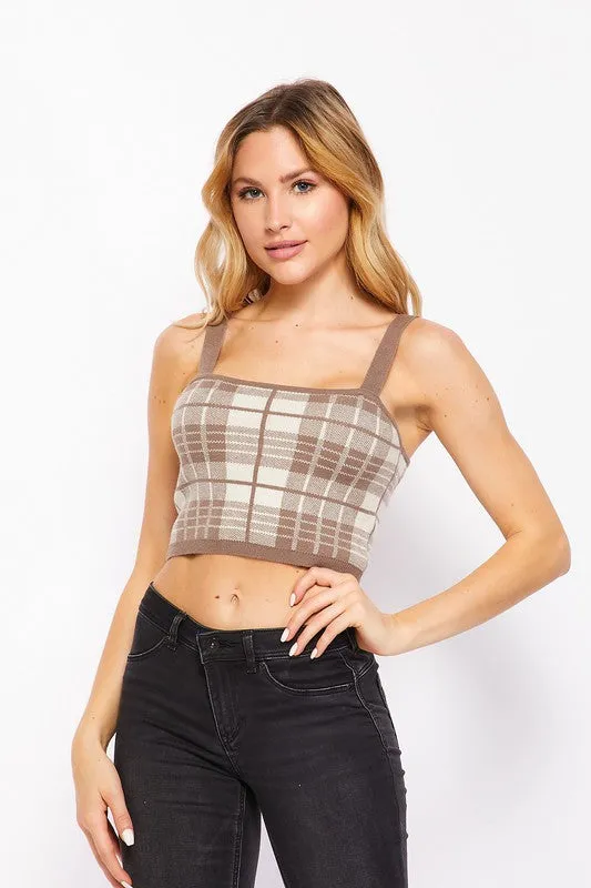 Women's Knit Solid Plaid Design Casual Crop Top